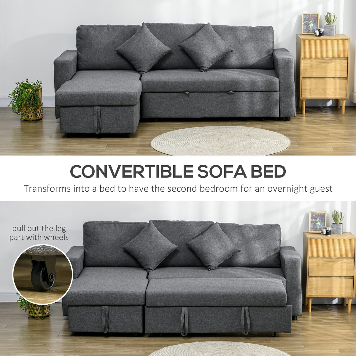 The sofa bed shown as a sofa and as a bed with a close-up of the pull-out wheel mechanism