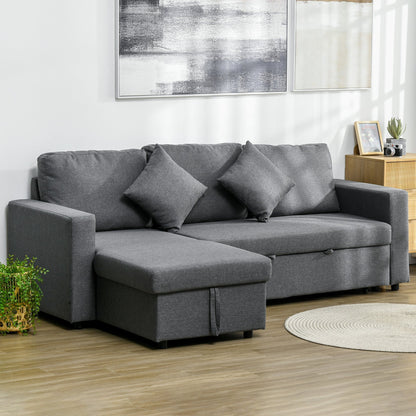 The grey sofa bed placed in a bright living room setting with a wooden floor and a round rug
