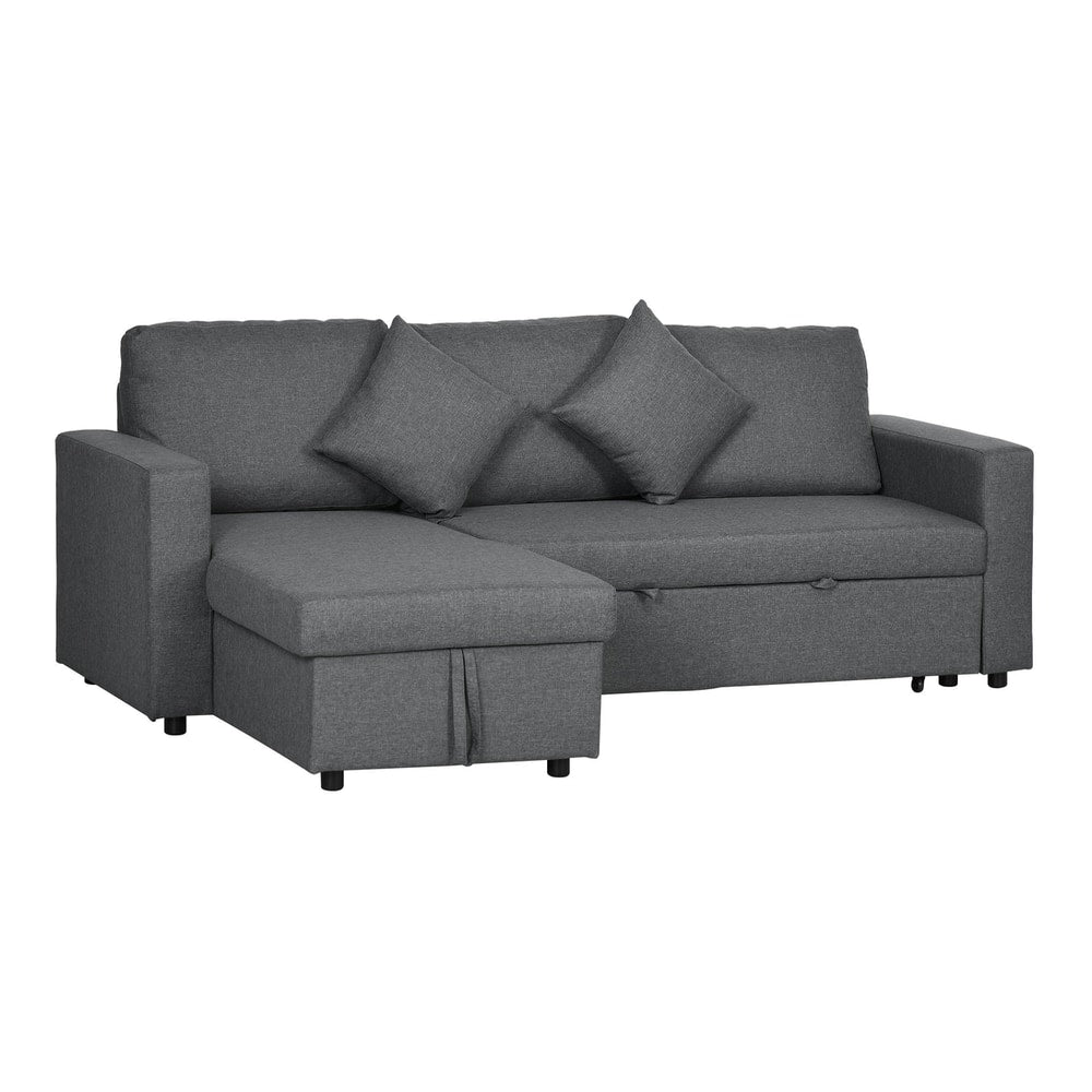 HOMCOM 3 Seater Sofa Bed with Storage in dark grey with two matching cushions on a white background