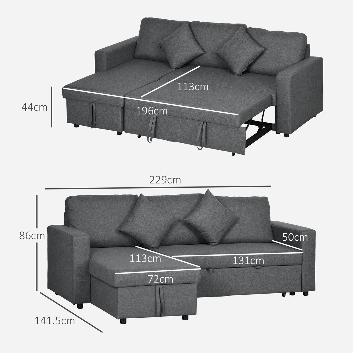 The sofa bed shown in two configurations with various dimension labels for height and width
