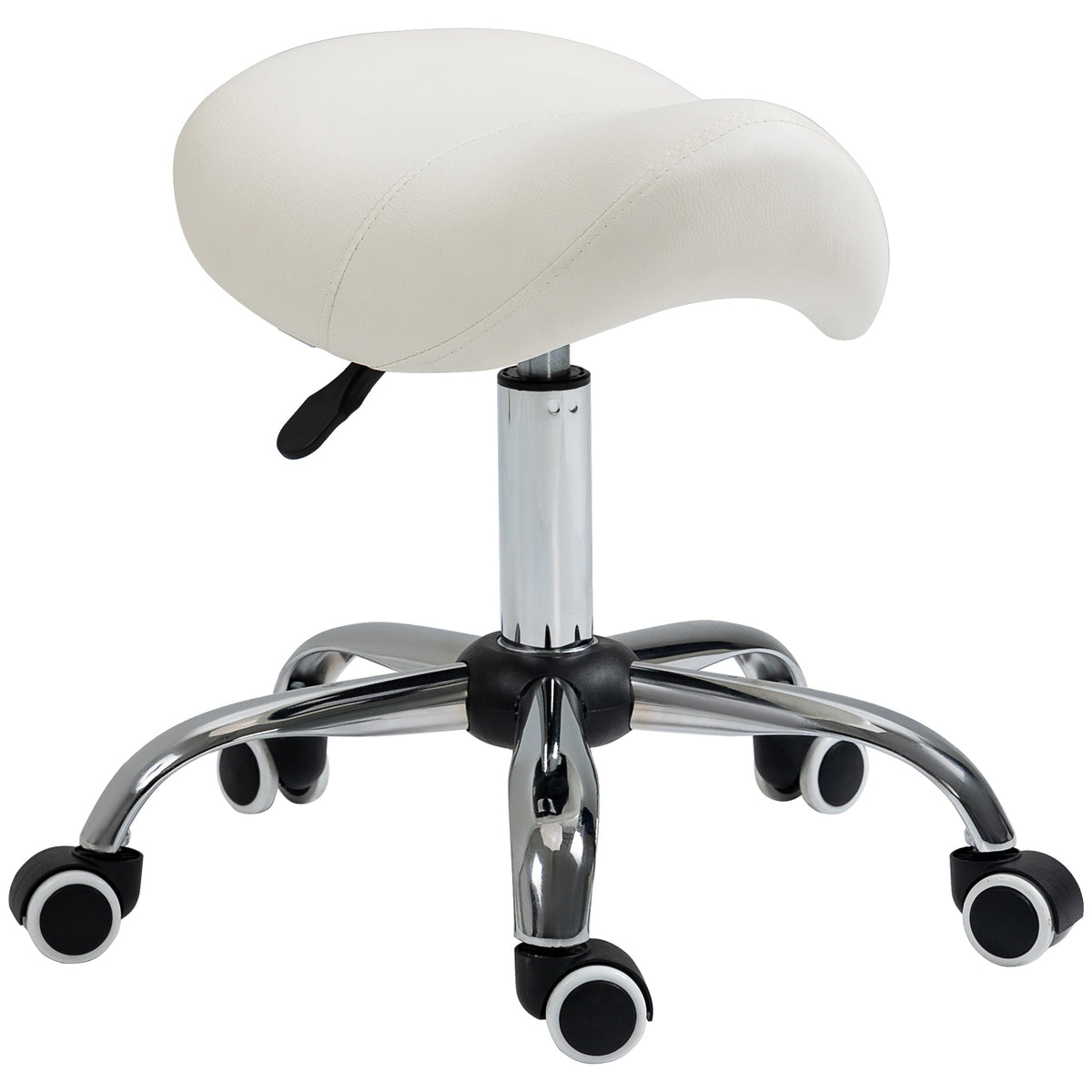 HOMCOM Cosmetic Stool a cream saddle-shaped seat on a chrome base with wheels