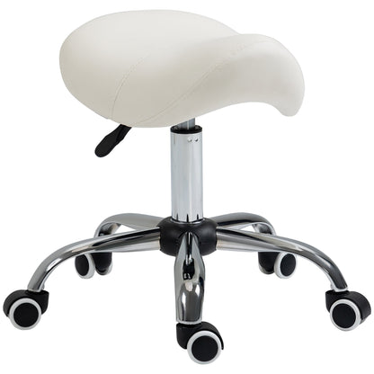 HOMCOM Cosmetic Stool a cream saddle-shaped seat on a chrome base with wheels