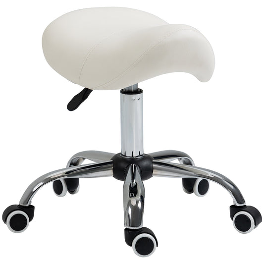 HOMCOM Cosmetic Stool a cream saddle-shaped seat on a chrome base with wheels