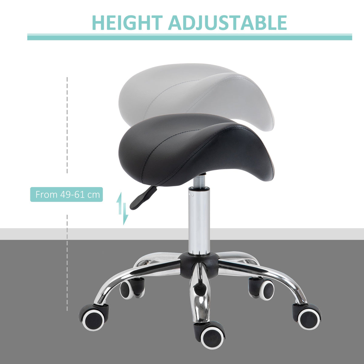 The height adjustable salon stool can be raised or lowered using the lever