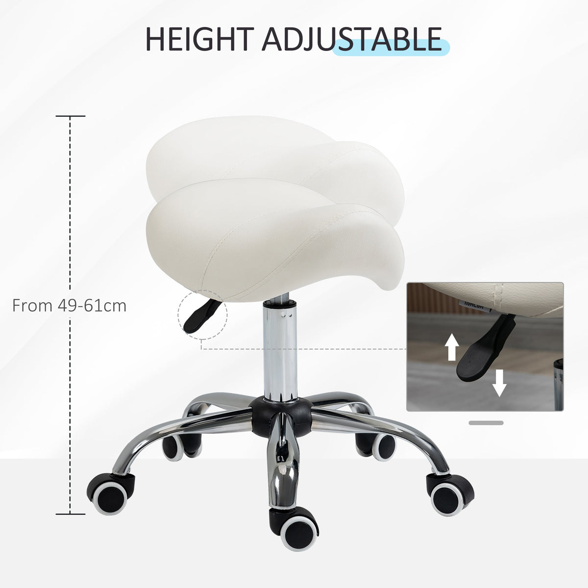 Cream saddle stool with chrome base and wheels with height adjustment indicated