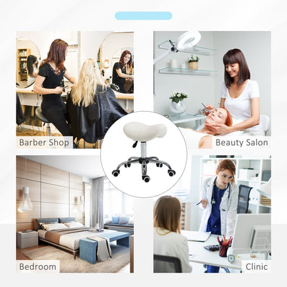Collage showing the cream saddle stool in a barber shop, beauty salon, bedroom and clinic