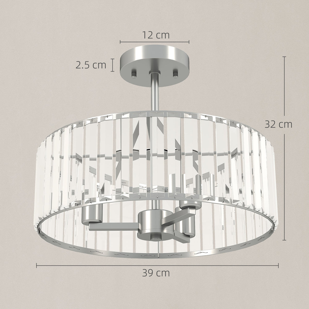 The crystal ceiling light shown with technical dimension lines on a plain background
