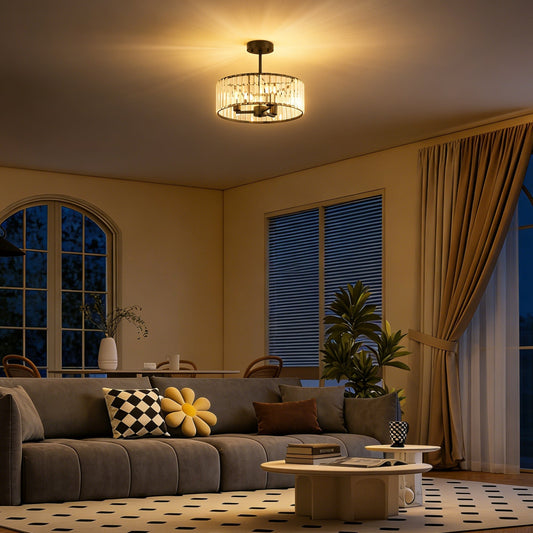 The crystal ceiling light is illuminated in a stylish living room with a large grey sofa and coffee table