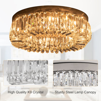 A close-up of the crystal ceiling light showing high quality crystal and steel lamp canopy