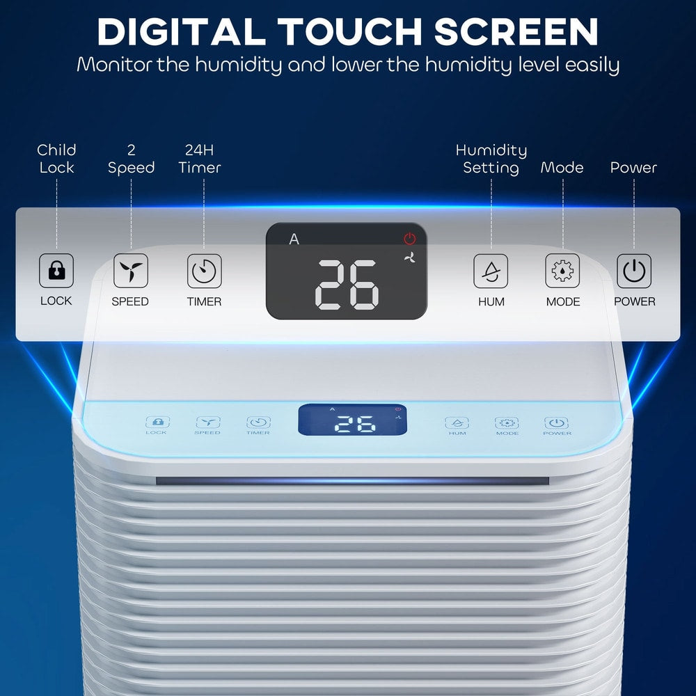 Close up of the digital touch screen control panel on the portable quiet dehumidifier
