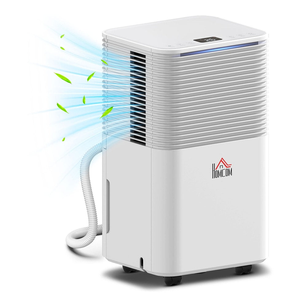 HOMCOM 10L/Day 2000ML Portable Quiet Dehumidifier, a white rectangular unit with a grey top and a clear hose attached