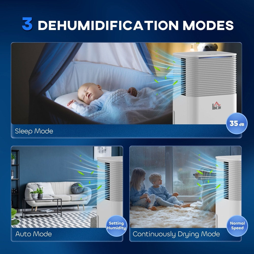 Three dehumidification modes shown: sleep, auto, and continuously drying, with a baby and family