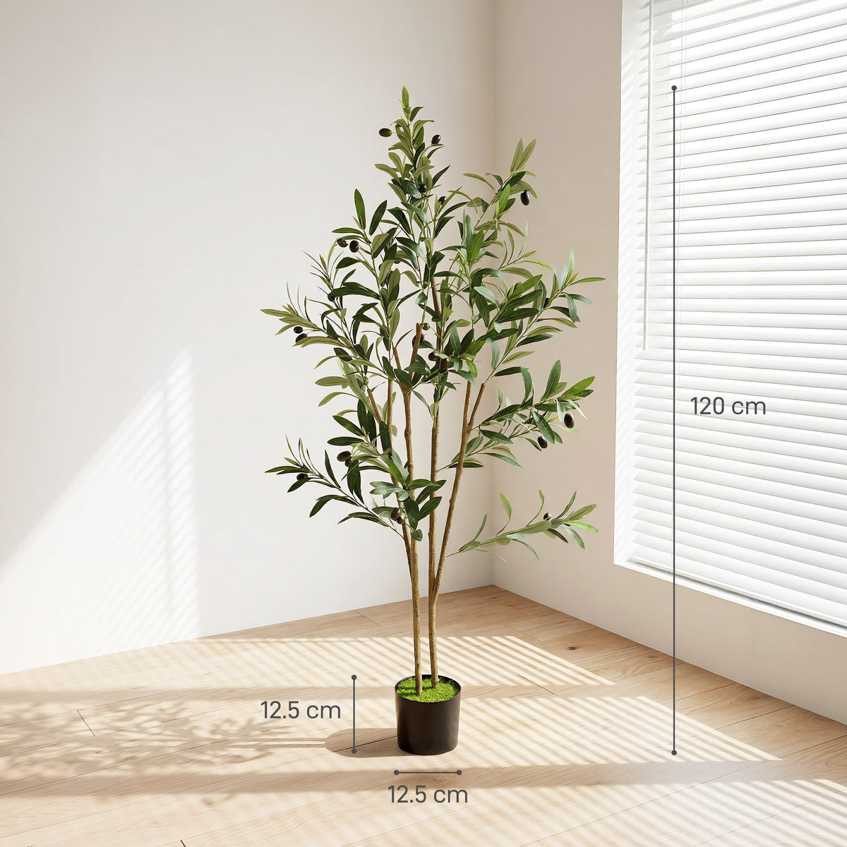 The artificial olive tree with green leaves and black olives, shown with dimensions