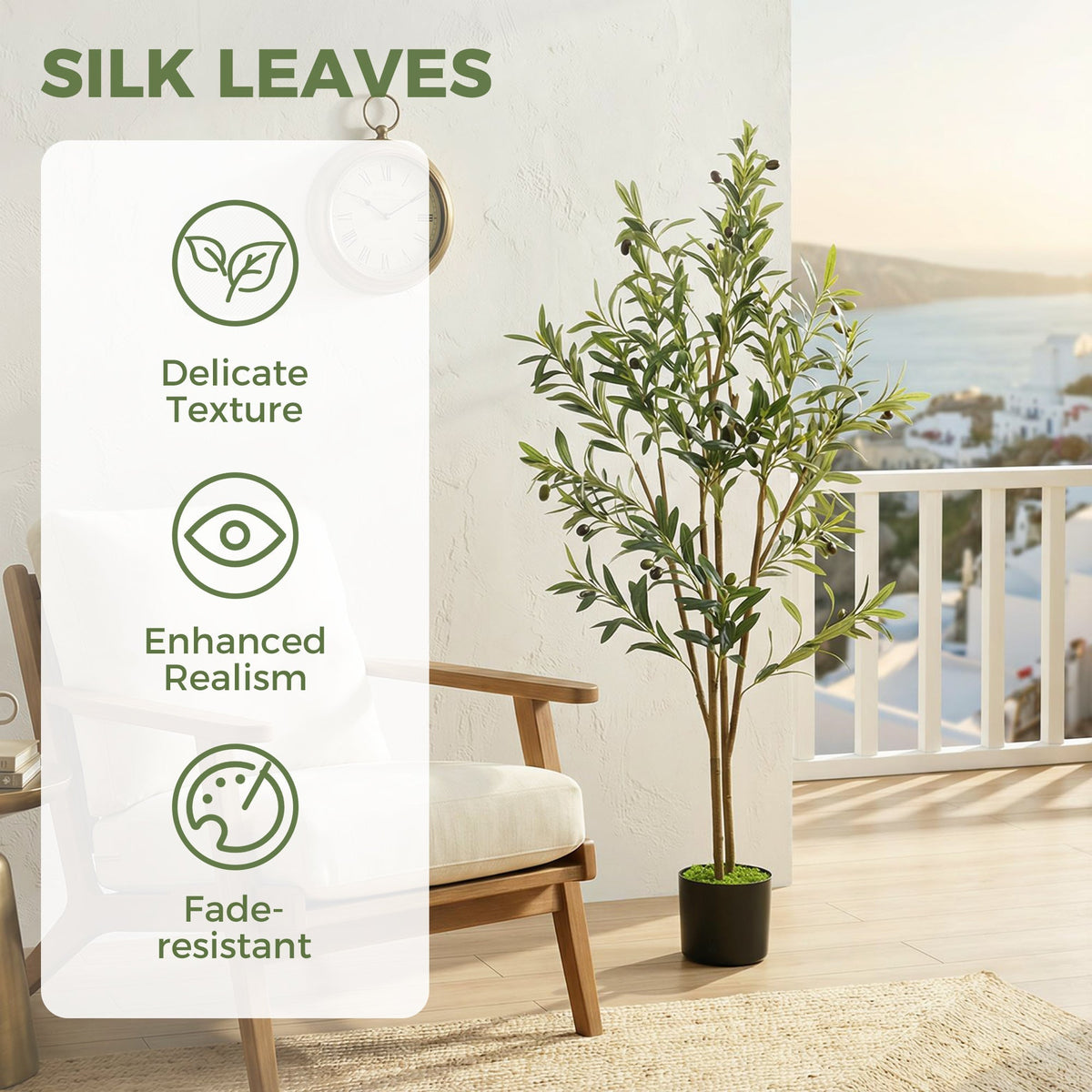The artificial olive tree in a balcony setting with a chair and a view of the sea