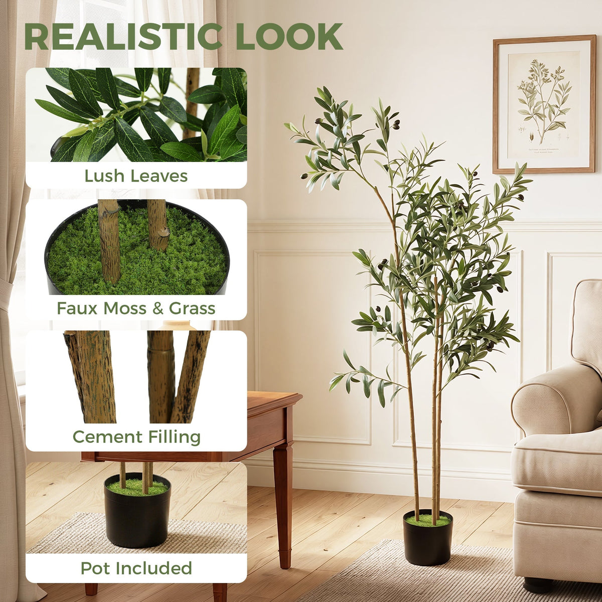 The artificial plant with close-up insets showing the leaves and the pot base