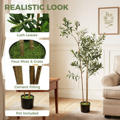 The artificial plant with close-up insets showing the leaves and the pot base