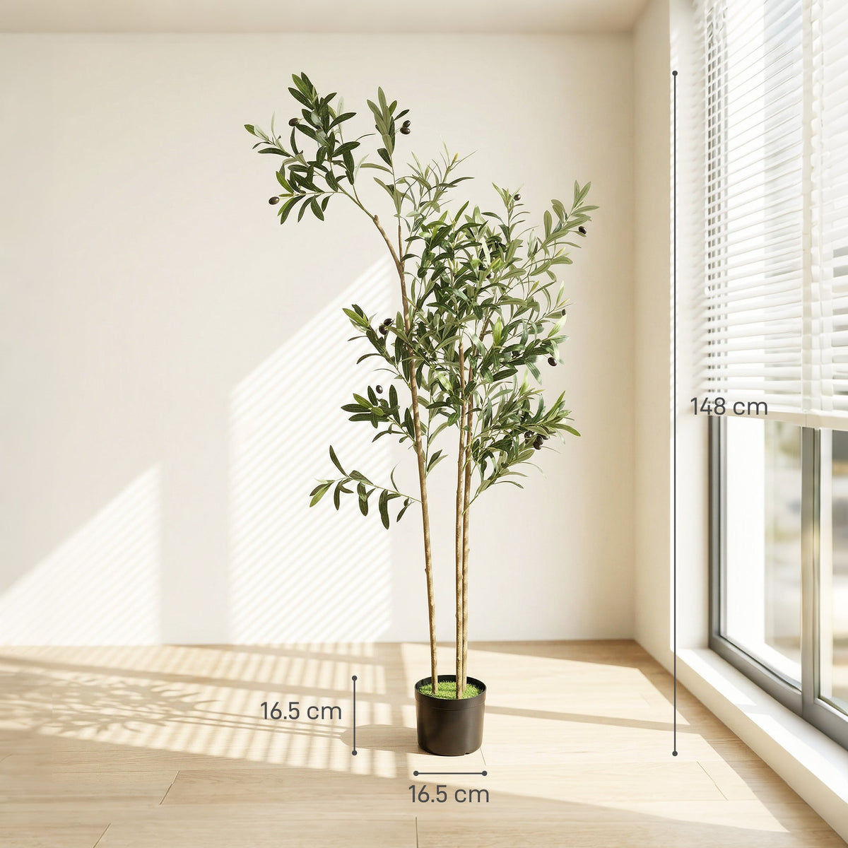 The artificial plant shown with height and width dimensions marked on the floor