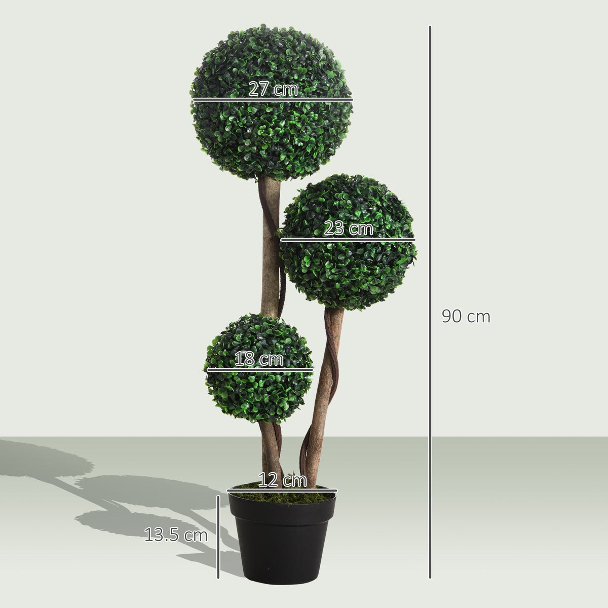 The artificial plant with dimensions shown for the balls, pot and overall height