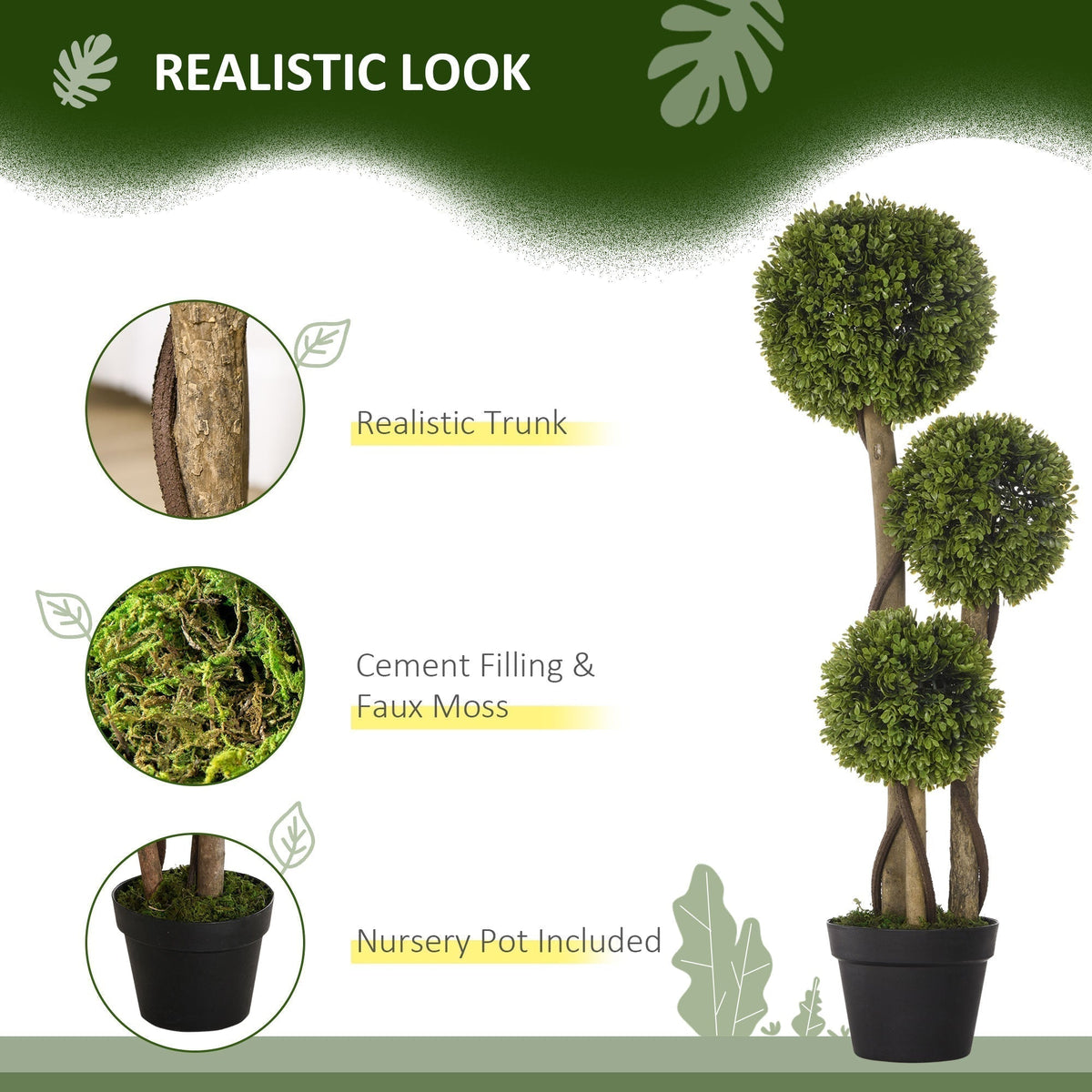 Close-up of the trunk and base of an artificial boxwood ball topiary tree