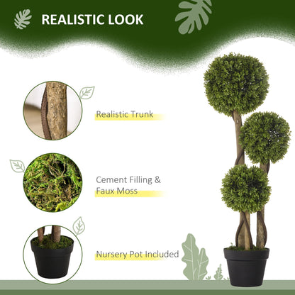 Close-up of the trunk and base of an artificial boxwood ball topiary tree