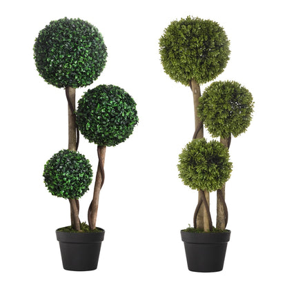 HOMCOM Decorative Artificial Plants Set of 2, two dark green boxwood ball topiary trees in black pots
