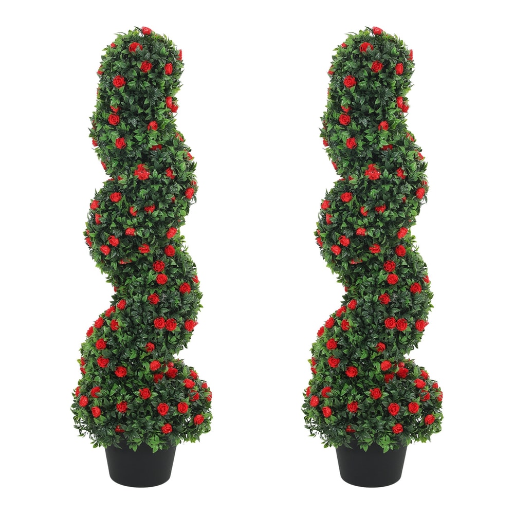 HOMCOM Decorative Artificial Plants Set of 2, two spiral topiary plants with red roses in black pots