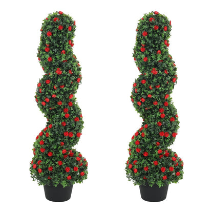 HOMCOM Decorative Artificial Plants Set of 2, two spiral topiary plants with red roses in black pots