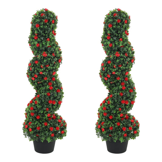 HOMCOM Decorative Artificial Plants Set of 2, two spiral topiary plants with red roses in black pots