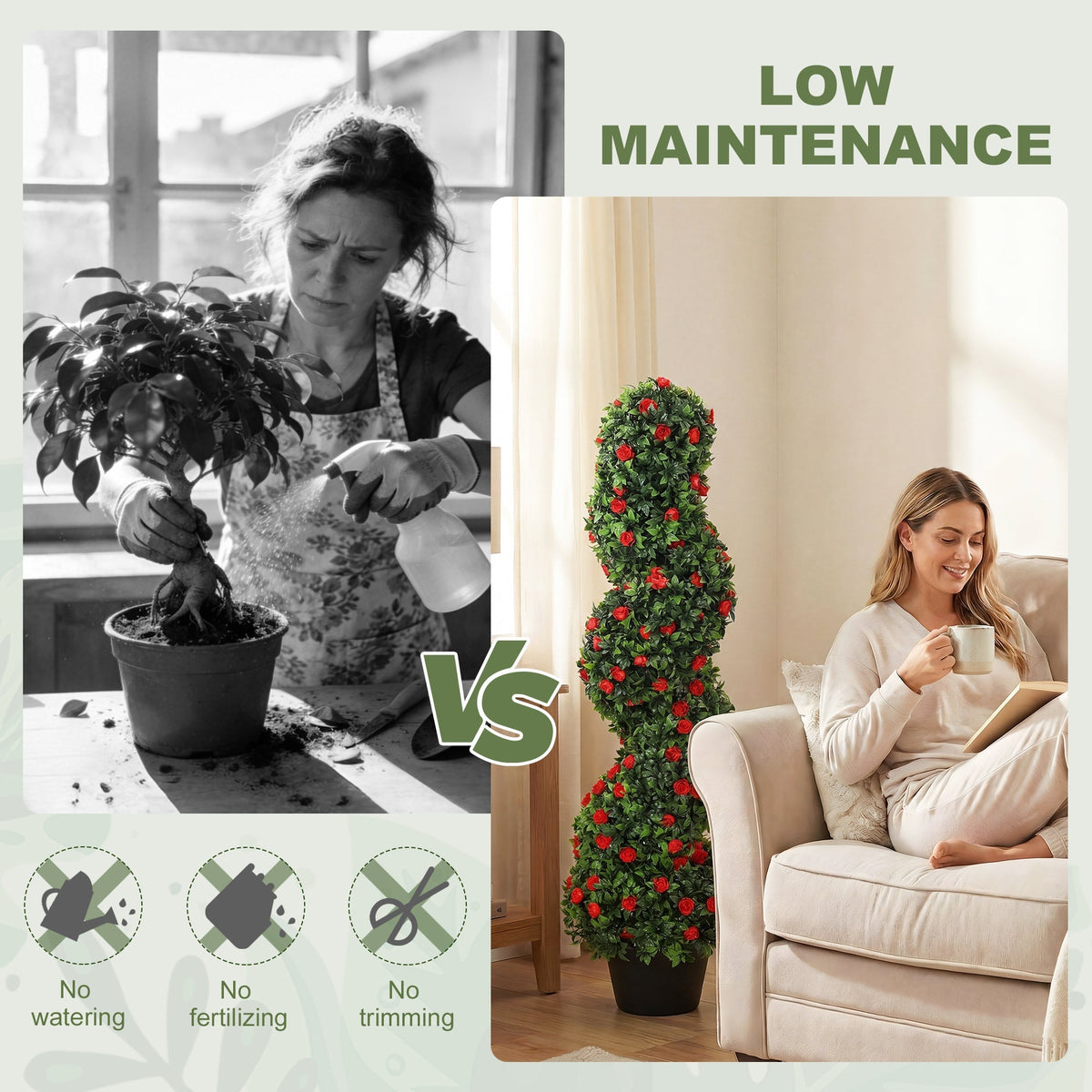 Comparison of a real plant needing watering and fertilising versus a low maintenance artificial plant