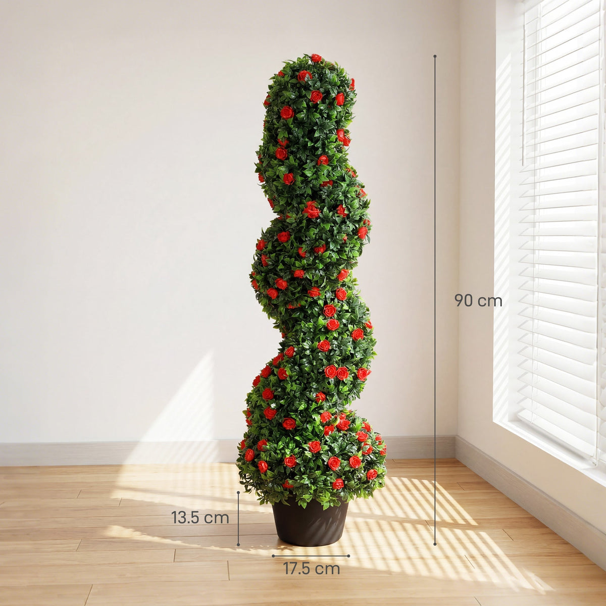 The artificial plant has a spiral design with red roses and green leaves, shown with dimensions
