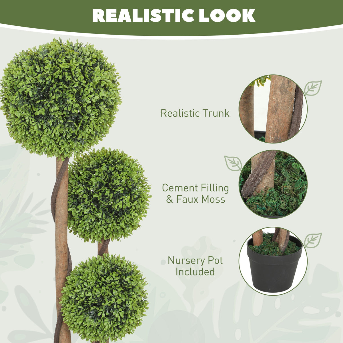 The artificial plants showing close-up details of the trunk and pot base
