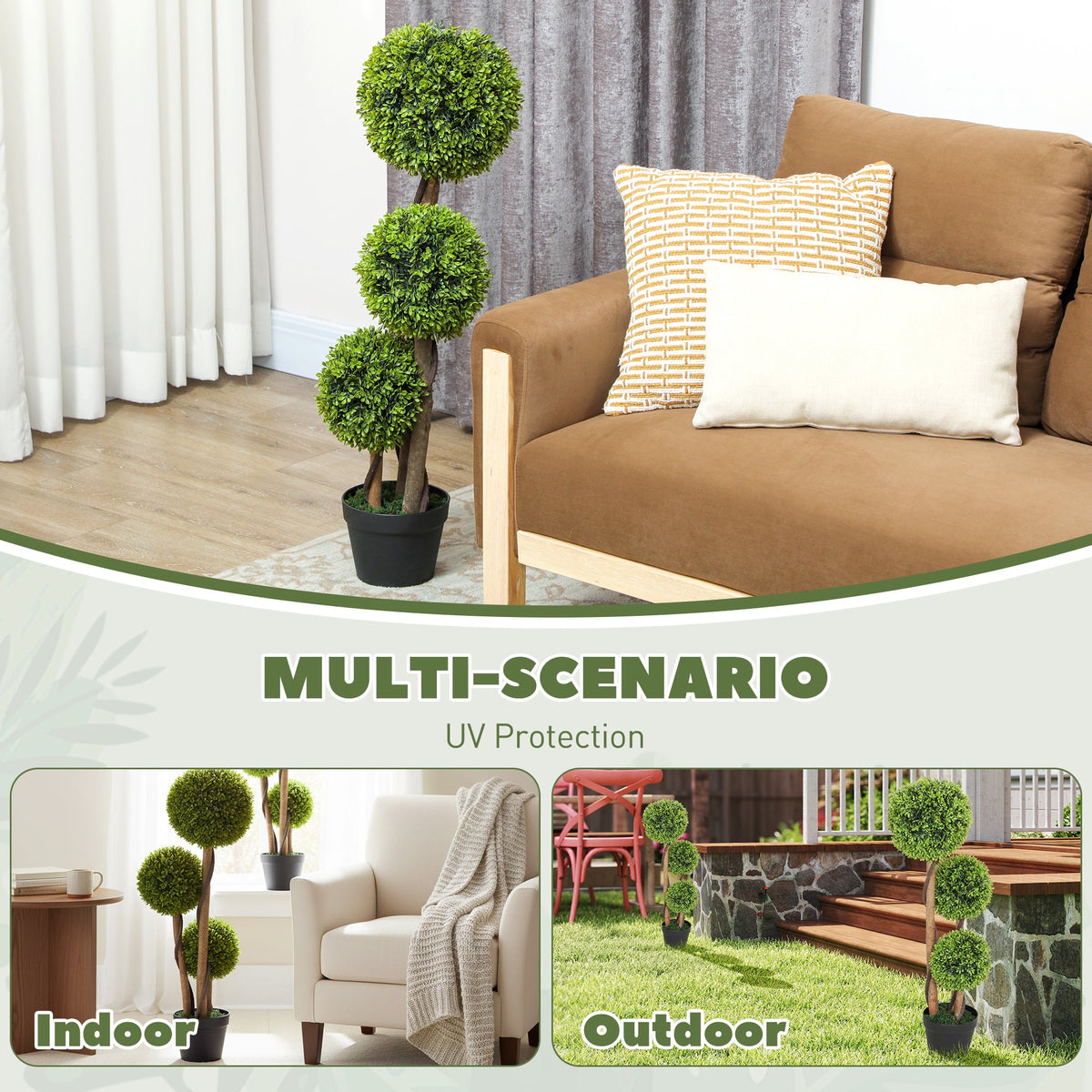 The artificial plants shown in both indoor and outdoor home settings