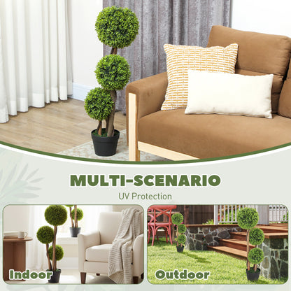 The artificial plants shown in both indoor and outdoor home settings