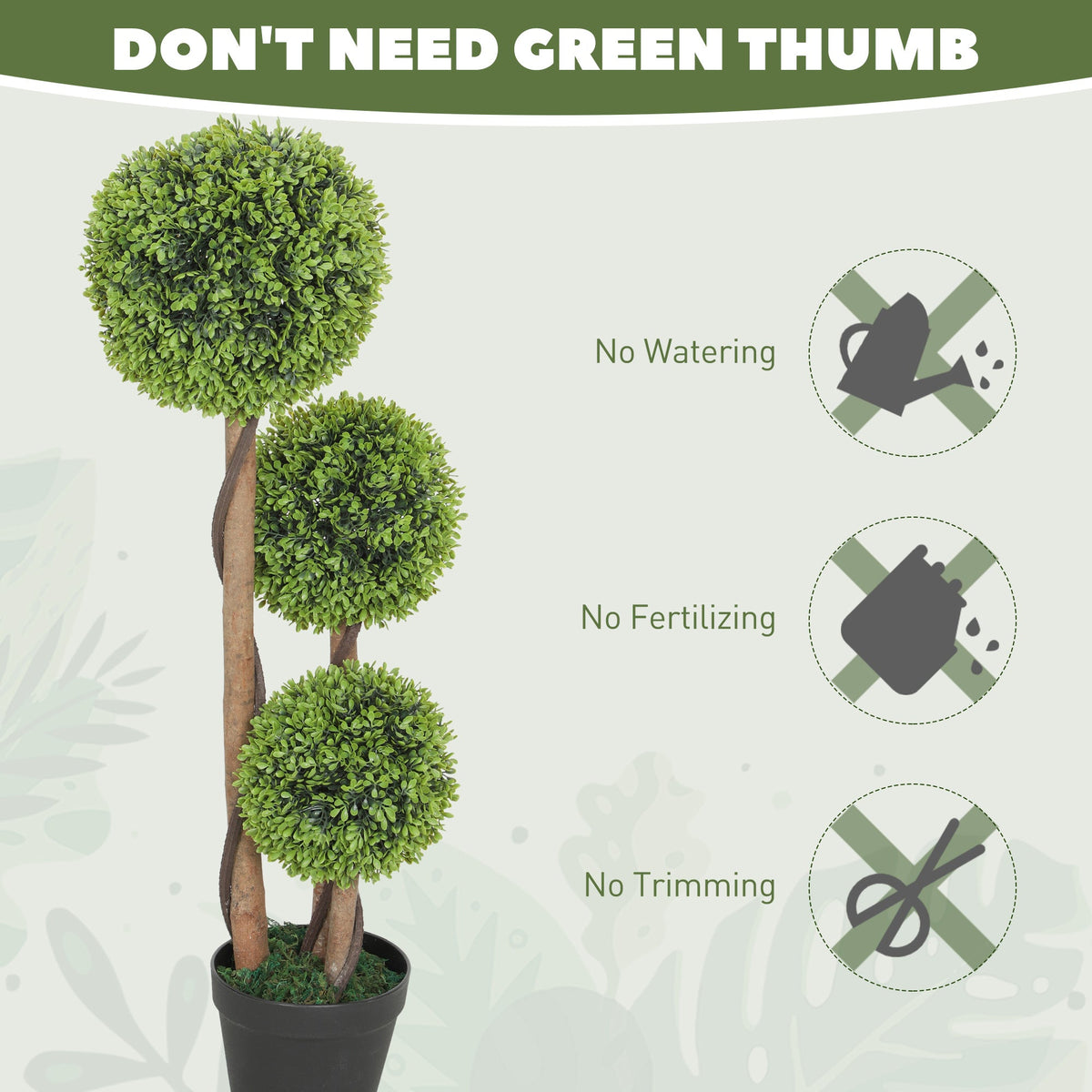 The artificial plants with icons showing no maintenance like watering is required