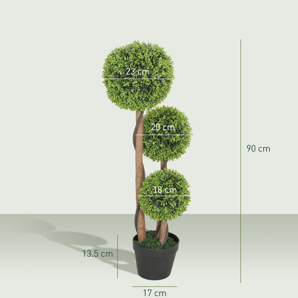 The artificial plants with clear measurement lines showing the height and width