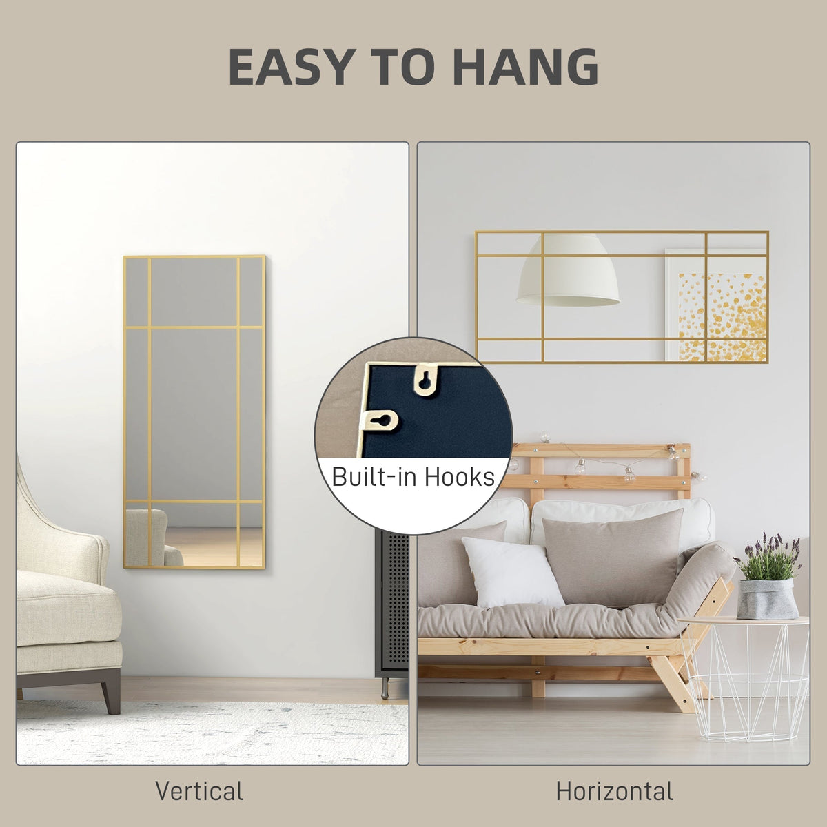 The wall mirror displayed in both vertical and horizontal positions with close-up of hooks