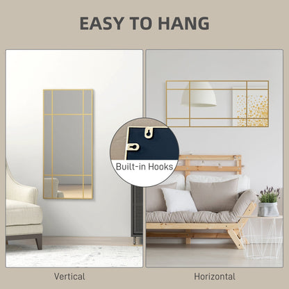 The wall mirror displayed in both vertical and horizontal positions with close-up of hooks