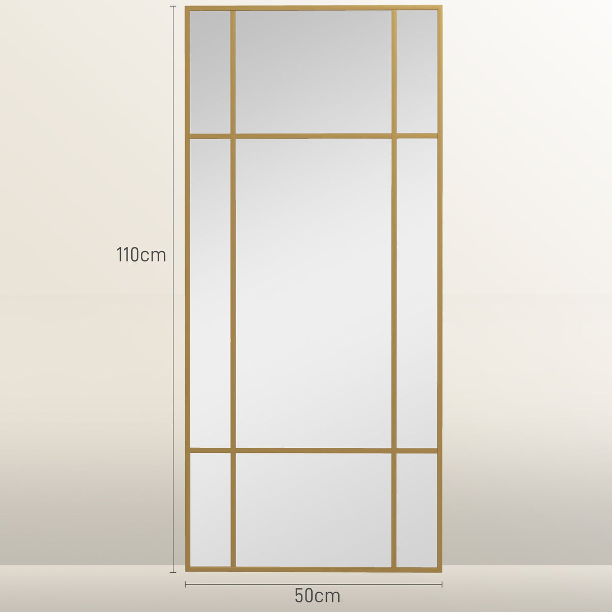 The wall mirror shown against a plain background with lines indicating its dimensions