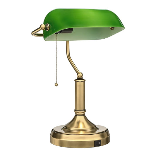 HOMCOM Desk Lamp with USB Ports, a banker's table lamp with a green shade and vintage bronze tone base