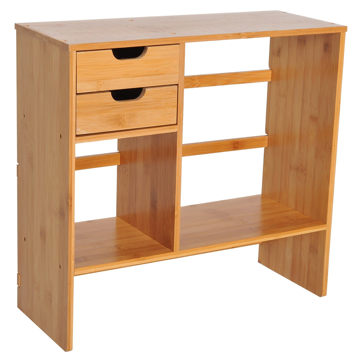 The wooden stationery storage shelf viewed from a high angle showing the top surface and drawers
