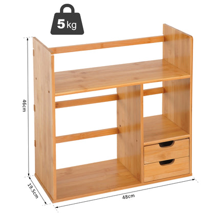 The bamboo storage shelf shown with arrows indicating its height, width, and depth dimensions