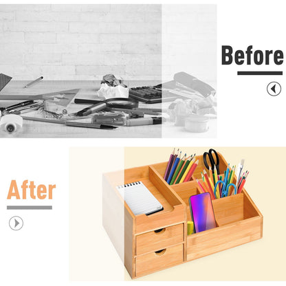 A before and after comparison showing a messy desk transformed with the bamboo desk organiser holder