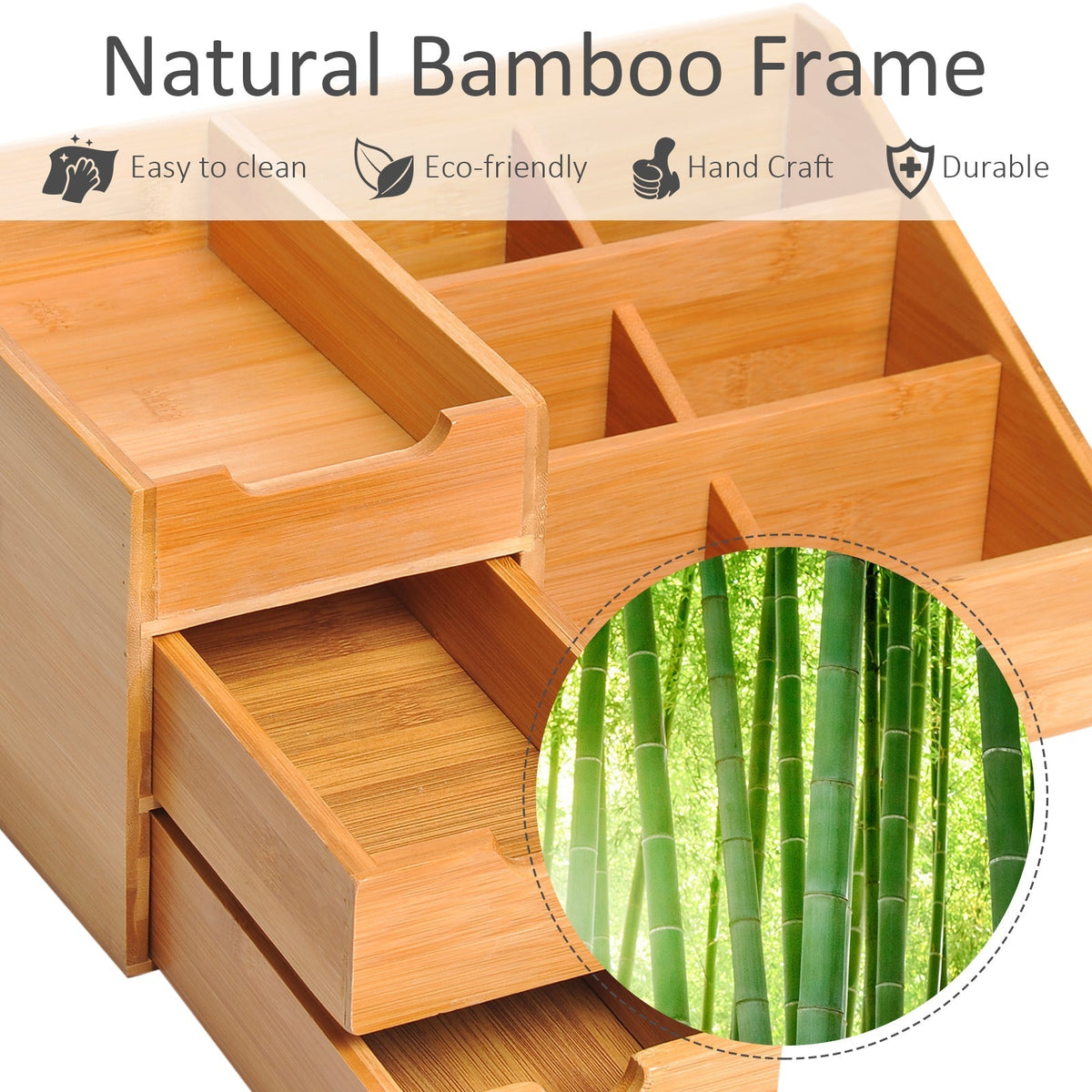 Close up of the bamboo desk organiser holder showing the natural bamboo frame and storage compartments