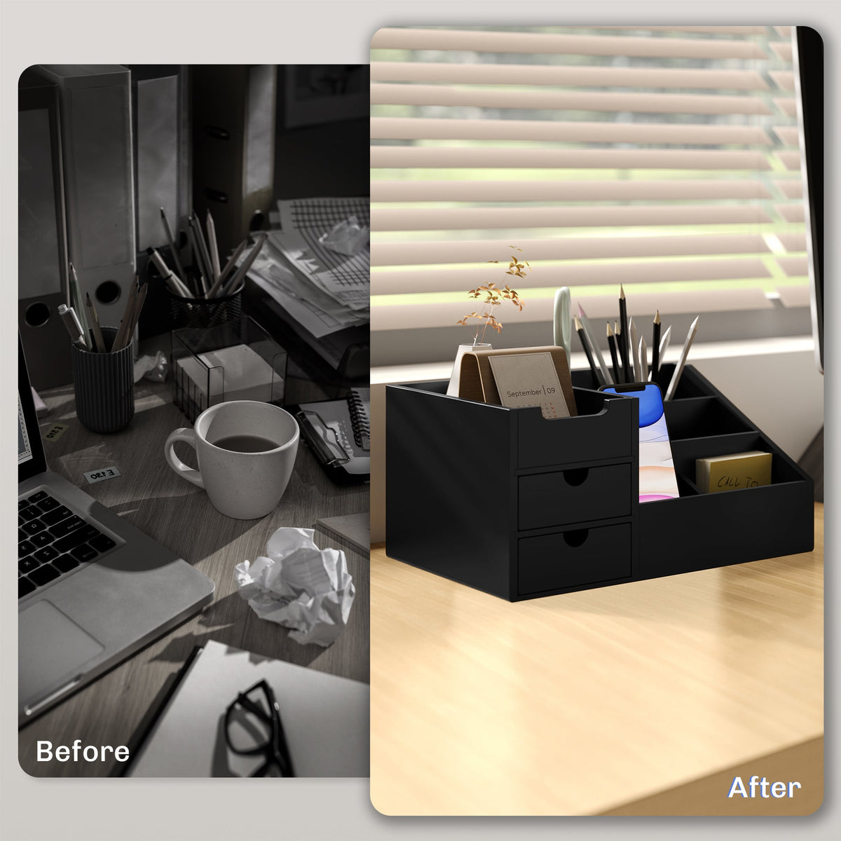 The desk organiser shown in a before and after comparison of a messy workspace