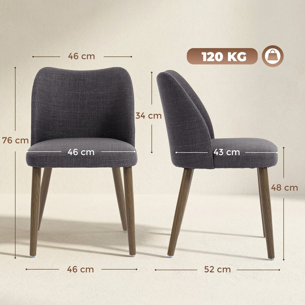 Side and front dimensions of a dark grey upholstered dining chair with wooden legs