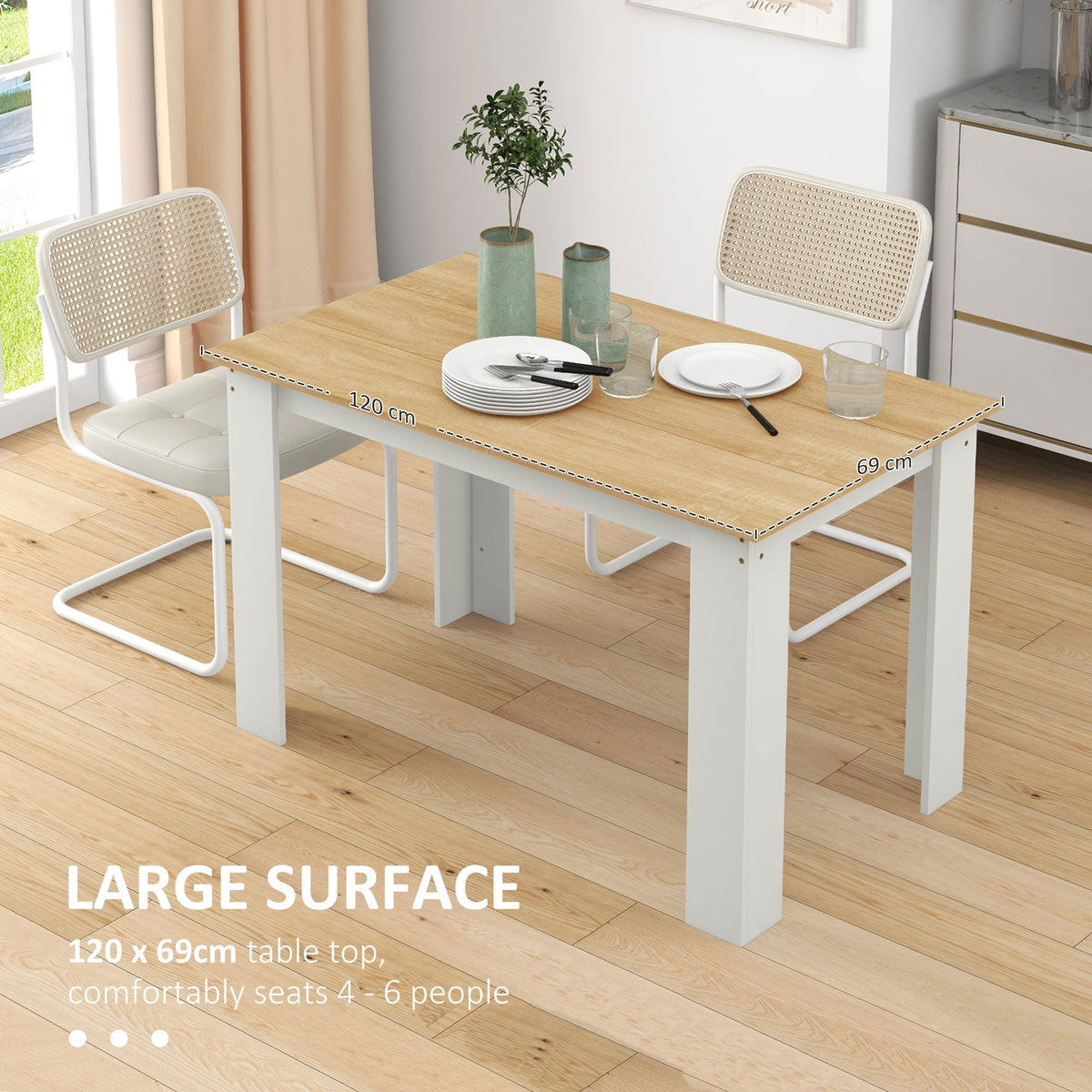 The dining table surface highlighted to show the space available for dining