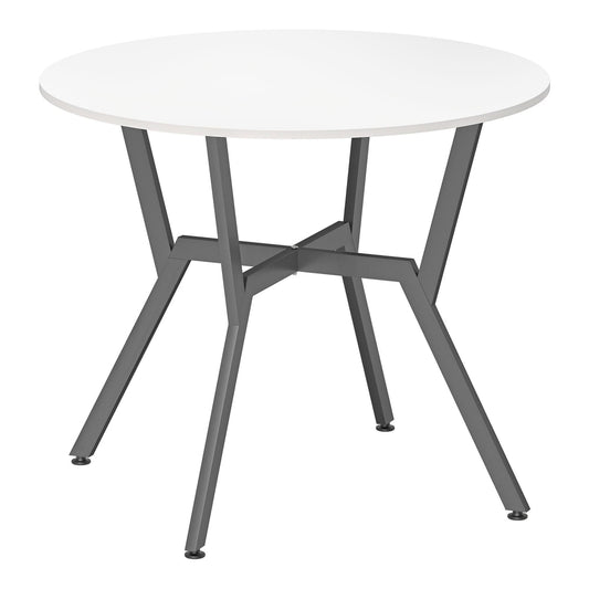 HOMCOM Dining Table with a round white top and black angled legs on a plain white background
