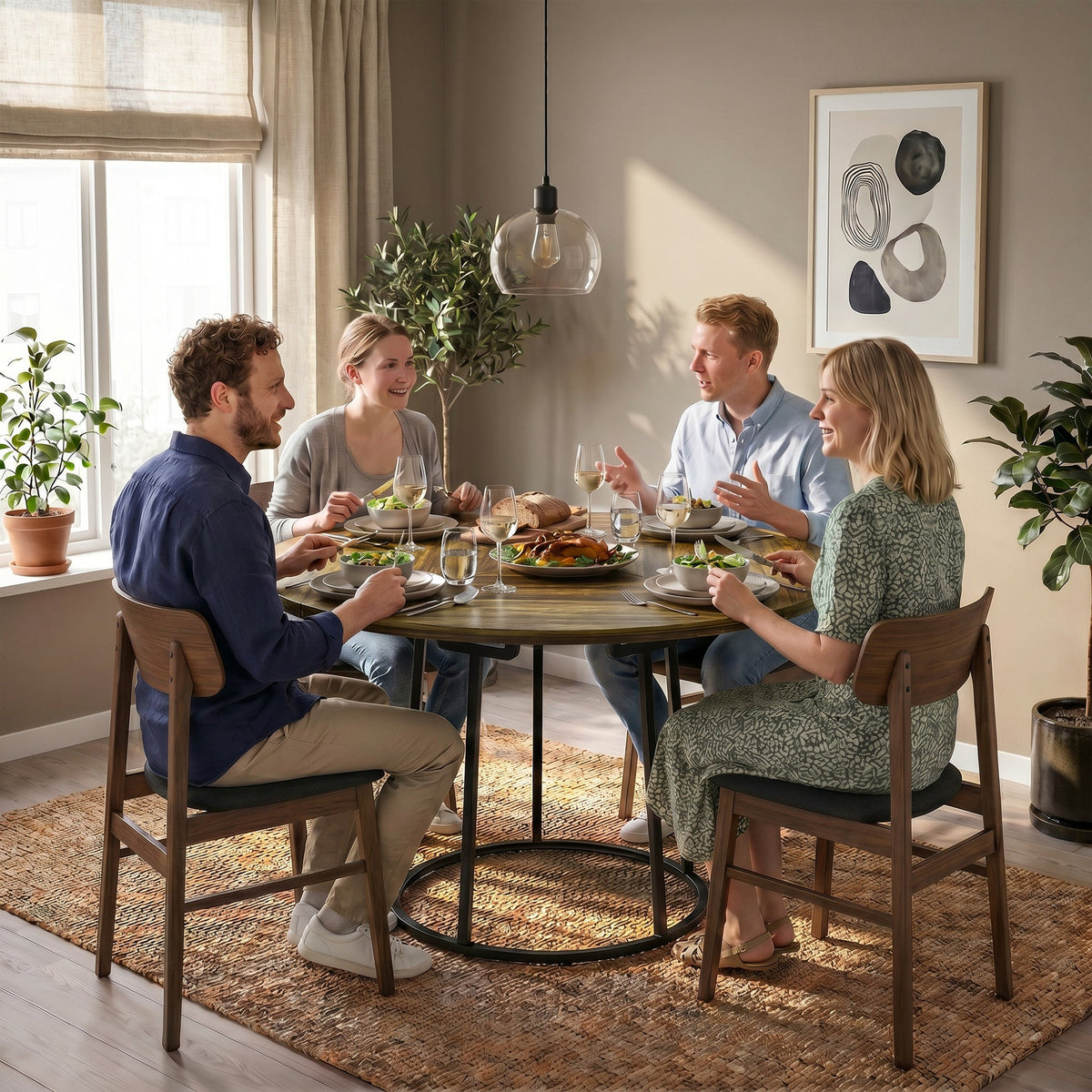 The dining table with four people eating dinner together in a warm and inviting home setting