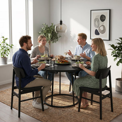 The dining furniture in a sunlit dining area with four people enjoying a dinner party