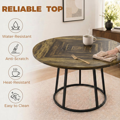 The dining table surface being wiped clean with icons highlighting its durable properties